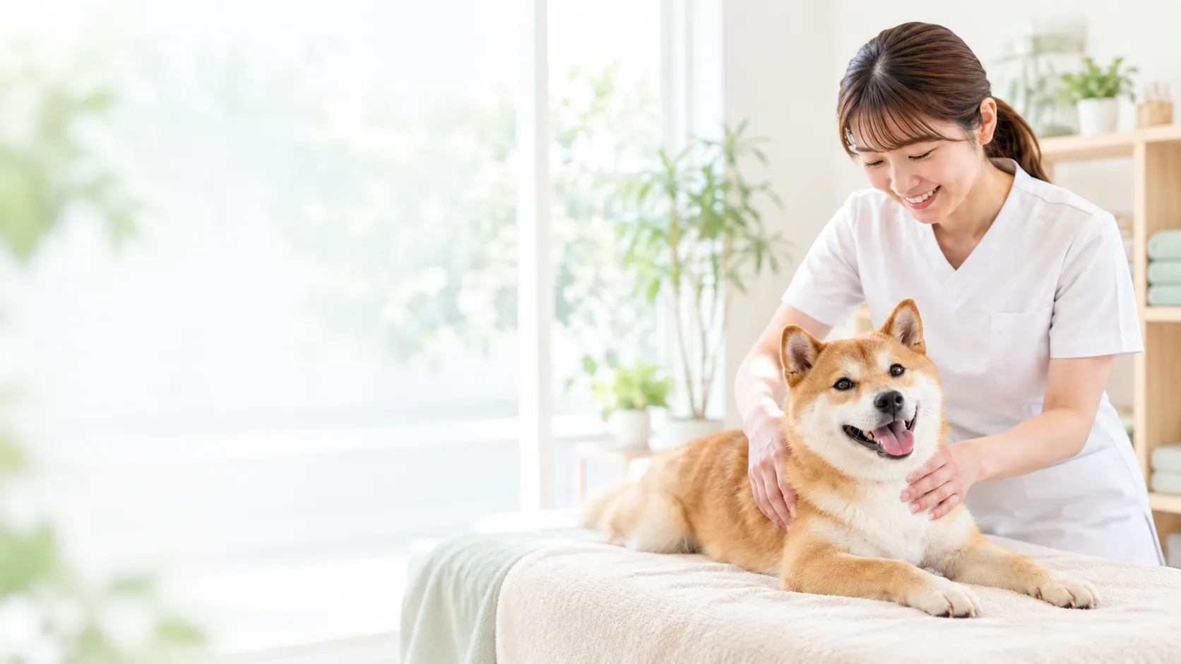 犬の整体 メディセルでスタッフからやさしい筋膜ケアを受ける柴犬